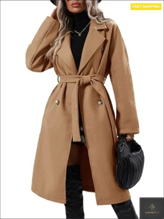 Elegant Wool Pea Coat Double Breasted Mid-Long Winter Overcoat with Belt - Picture 4 of 7